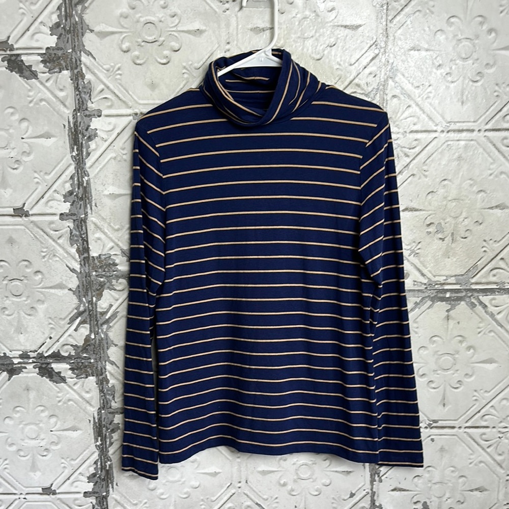 Lands' End Blue and Tan Striped Turtleneck